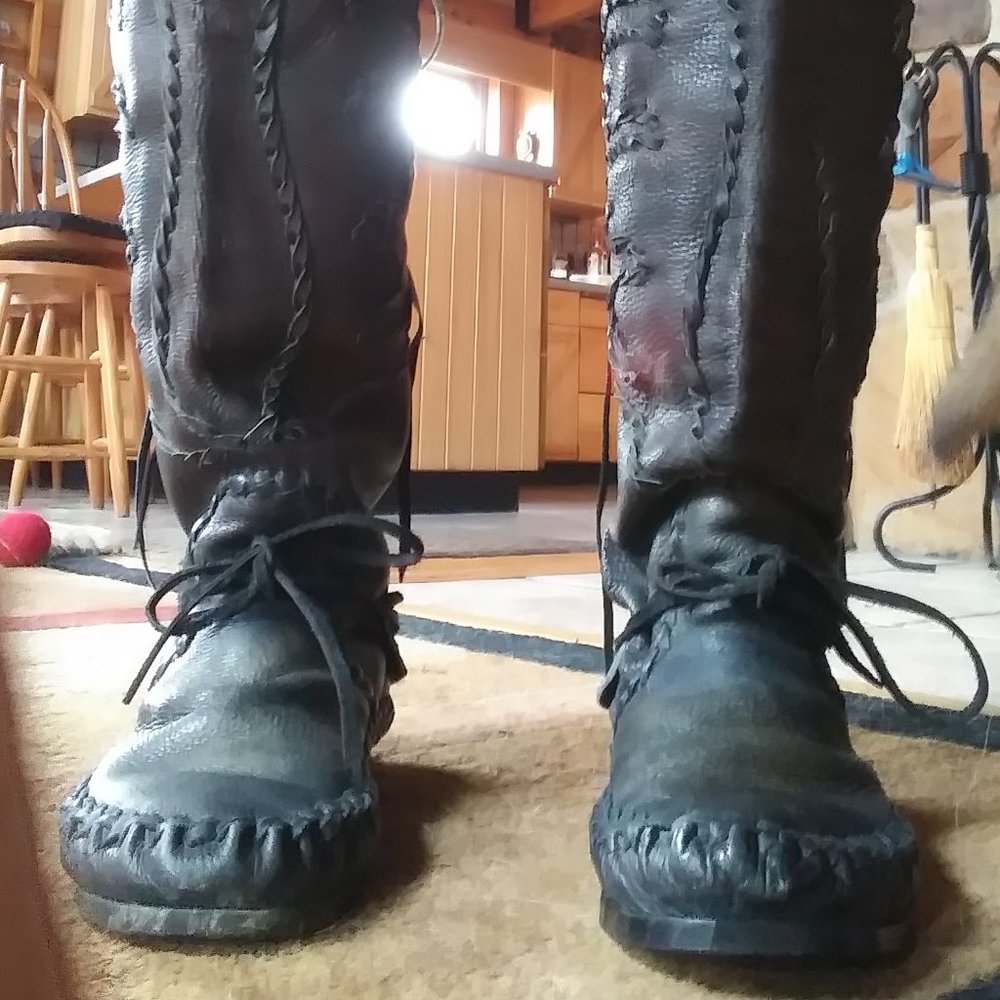 Black leather Moccasin Boots with hard sole. Size 7 -7.5